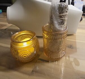 Amber Glass Decorative Votive Candle Holders - With Sage For Smudging